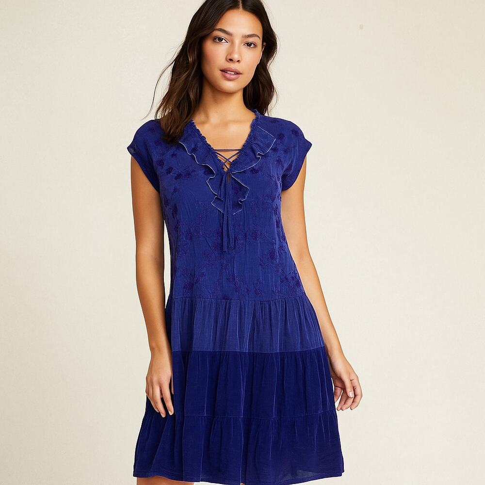 Johnny Was Women's Ruffle Lace-up neck Dress Blue Size Small